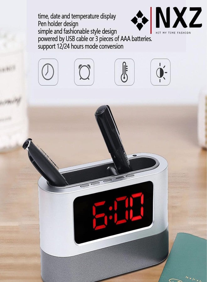 NXZ Oval Desk Pen Stand Pen Holder Table Clock Office Decore Digital Clock Pen Holder, Digital Desk Clock, Desk Organizer (CLO-038, Large) - Image 3